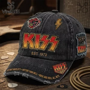 Distressed black denim baseball cap with embroidered KISS logo in red/gold, 