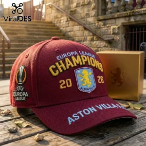 Maroon Aston Villa Europa League Champions baseball cap with embroidered yellow and blue text and club crest!