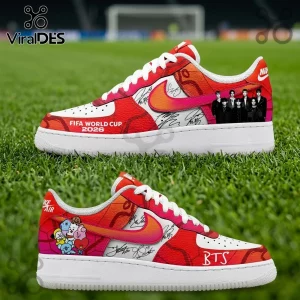 Red and white custom sneakers with FIFA World Cup 2026 text, BTS members, BT21 characters, and signatures!