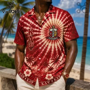 Red and white tie-dye Kappa Alpha Psi button-up shirt featuring fraternity crest and Greek letters KAP on a beach background!