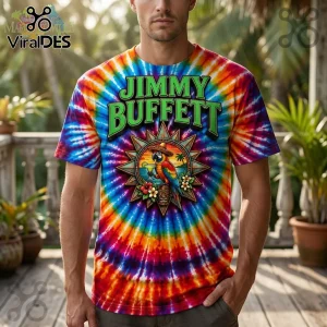 Vibrant rainbow spiral tie-dye shirt with green JIMMY BUFFETT text, featuring a parrot in sombrero holding a drink, tiki masks, flowers!