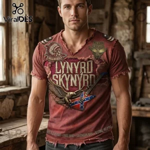 Distressed red Lynyrd Skynyrd t-shirt featuring eagle, guitar, skull graphics, and southern rock song titles!