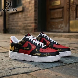 Custom black and red sneakers with gold Wu-Tang logo and signature graphics on a white rubber sole!