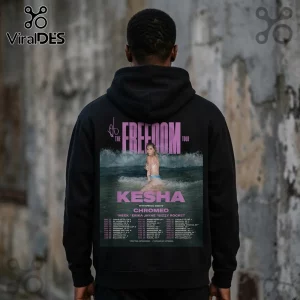 Black hoodie featuring a Kesha The Freedom Tour graphic with pink text and ocean photo on the back!