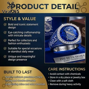 Phi Beta Sigma fraternity ring with blue gemstone, Greek letters, and metal crest set in a premium display case!