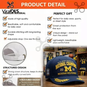Navy blue baseball cap with Michigan Wolverines National Champions 2026 text and golden wheat embroidery!