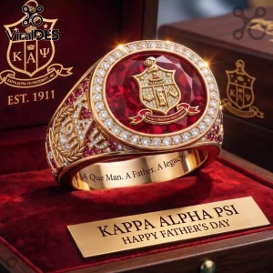 Gold Kappa Alpha Psi ring! Red faceted gem, diamonds, rubies! Gold crest 'τελείωσις ΦΝΠ'! Inscription 'A Que Man. A Father. A legacy.'! 'Happy Father's Day'!