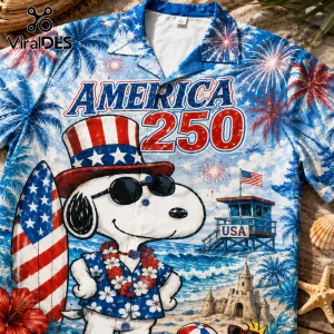 Red white and blue button down shirt with Snoopy wearing patriotic hat and sunglasses with America 250 beach print!