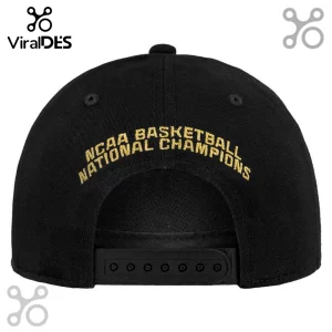 Black snapback hat with embroidered gold text NCAA BASKETBALL NATIONAL CHAMPIONS in a semi-circle arch!