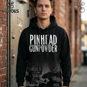Black hoodie with white bold text Pinhead Gunpowder and faded graphic of a person singing on the bottom front.!