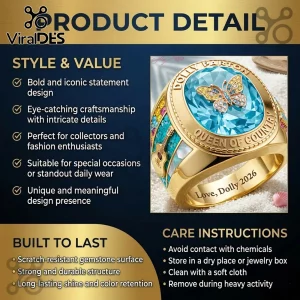 Gold ring with a large blue gem, butterfly emblem, guitar side detail, and text reading Dolly Parton Queen of Country!