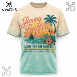 Vintage Jimmy Buffett t-shirt with parrot, palm tree, sunset, and ocean graphic text Livin For The Weekend!
