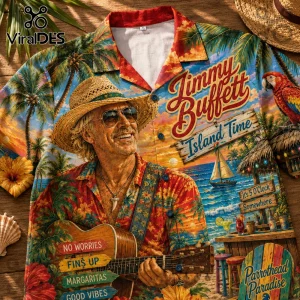 Jimmy Buffett graphic tropical button up shirt with parrot palm trees and beach sunset motifs in vibrant red and blue!