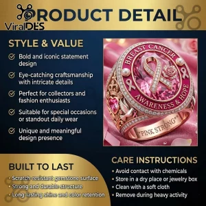 Rose gold ornate breast cancer awareness ring with large pink gemstone, crystal accents, and pearls! Text reads: BREAST CANCER AWARENESS & HOPE, PINK STRONG!