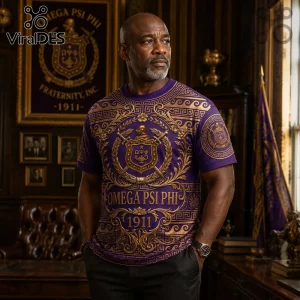 Purple and gold Omega Psi Phi t-shirt with Greek crest emblem, 1911 text, and ornate border designs on a man.!
