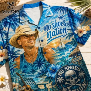 Blue tropical print button down shirt featuring a man in a straw hat, sailboat, palm trees, and No Shoes Nation text!