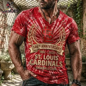 Red white tie-dye distressed V-neck tee with gold 144th Anniversary 1882-2026 St Louis Cardinals Baseball Club graphic!