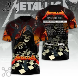 Metallica M72 World Tour graphic t-shirt featuring grim reaper playing chess with red logos and tour dates on the back!