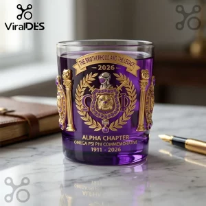 Purple glass tumbler with gold Omega Psi Phi crest, bulldog emblem, and 1911-2026 commemorative text.!