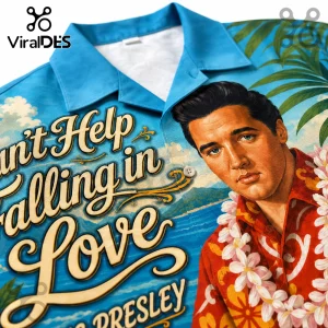 Blue tropical Elvis Presley button down shirt with palm leaves and script text Cant Help Falling in Love!