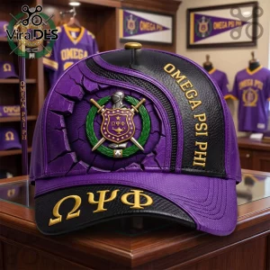 Purple and black Omega Psi Phi baseball cap with Greek letters, gold text, and detailed 3D shield crest embroidery!