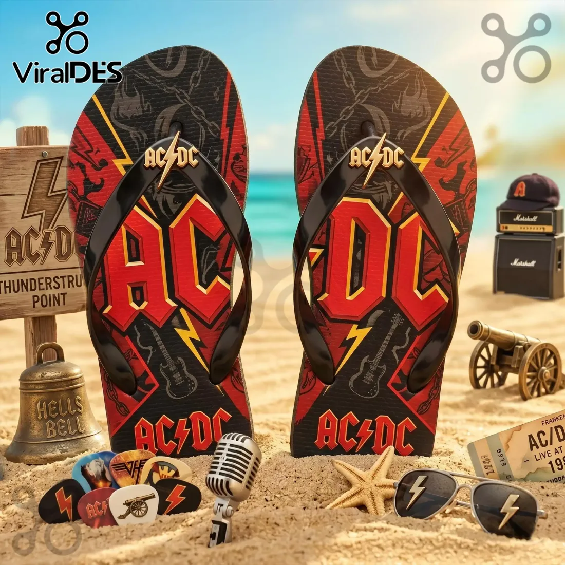 AC/DC Classic Rock Band Black & Red Lightning Summer Beach Flip-flops AC/DC Classic Rock Band Black & Red Lightning Summer Beach Flip-flops