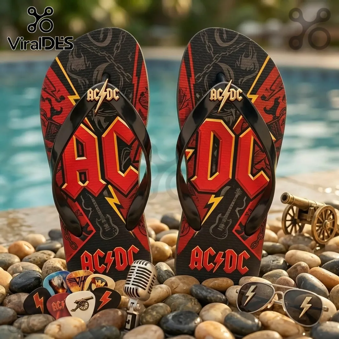 AC/DC Classic Rock Band Black & Red Lightning Summer Beach Flip-flops AC/DC Classic Rock Band Black & Red Lightning Summer Beach Flip-flops