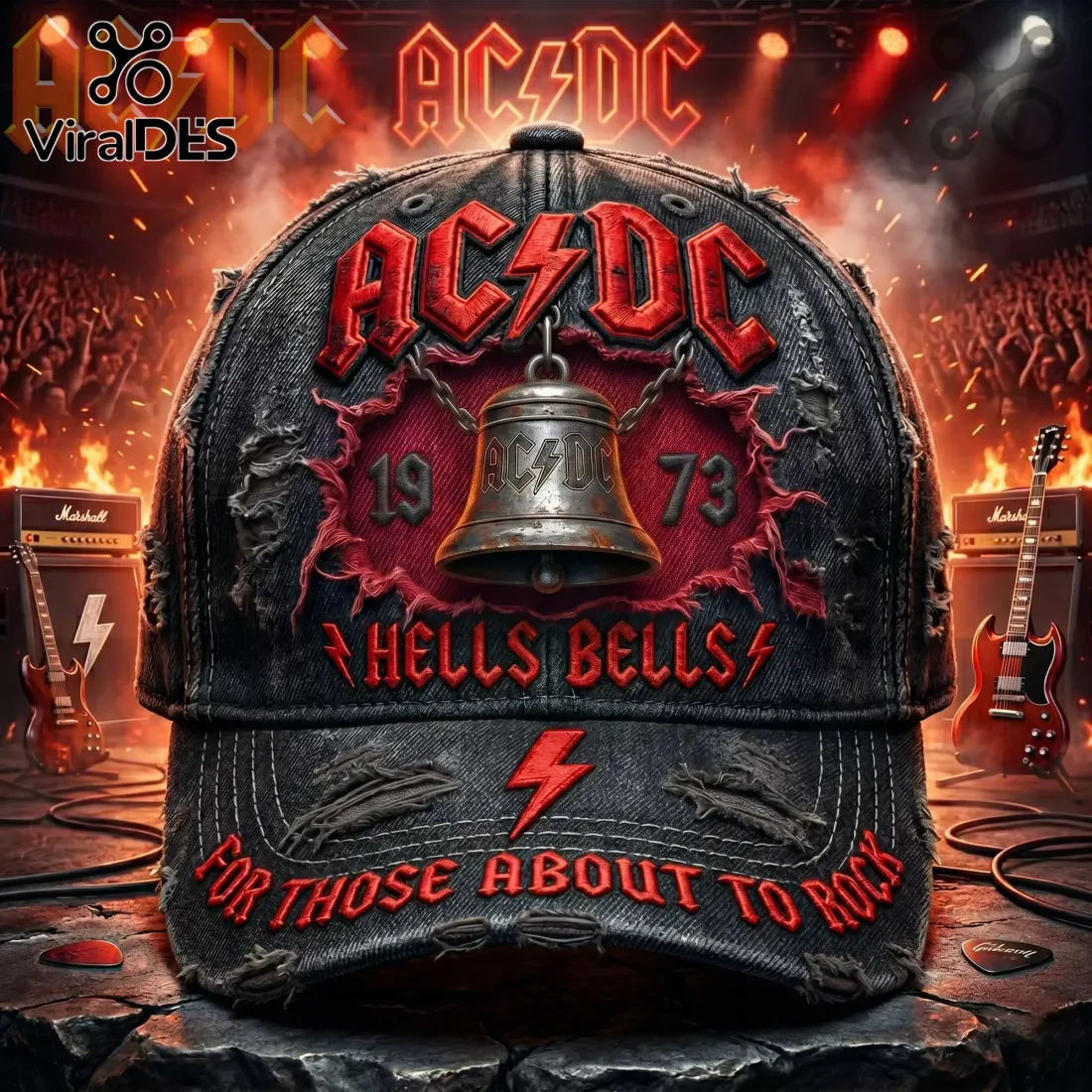 AC/DC Hells Bells For Those About To Rock Distressed Baseball Cap AC/DC Hells Bells For Those About To Rock Distressed Baseball Cap