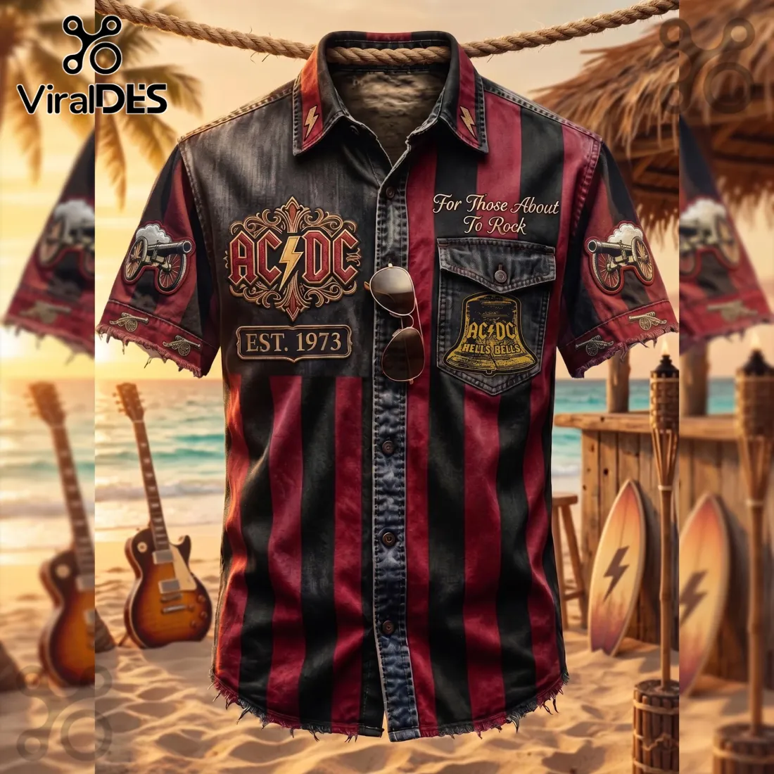AC/DC Hells Bells For Those About To Rock Striped Hawaiian Shirt AC/DC Hells Bells For Those About To Rock Striped Hawaiian Shirt