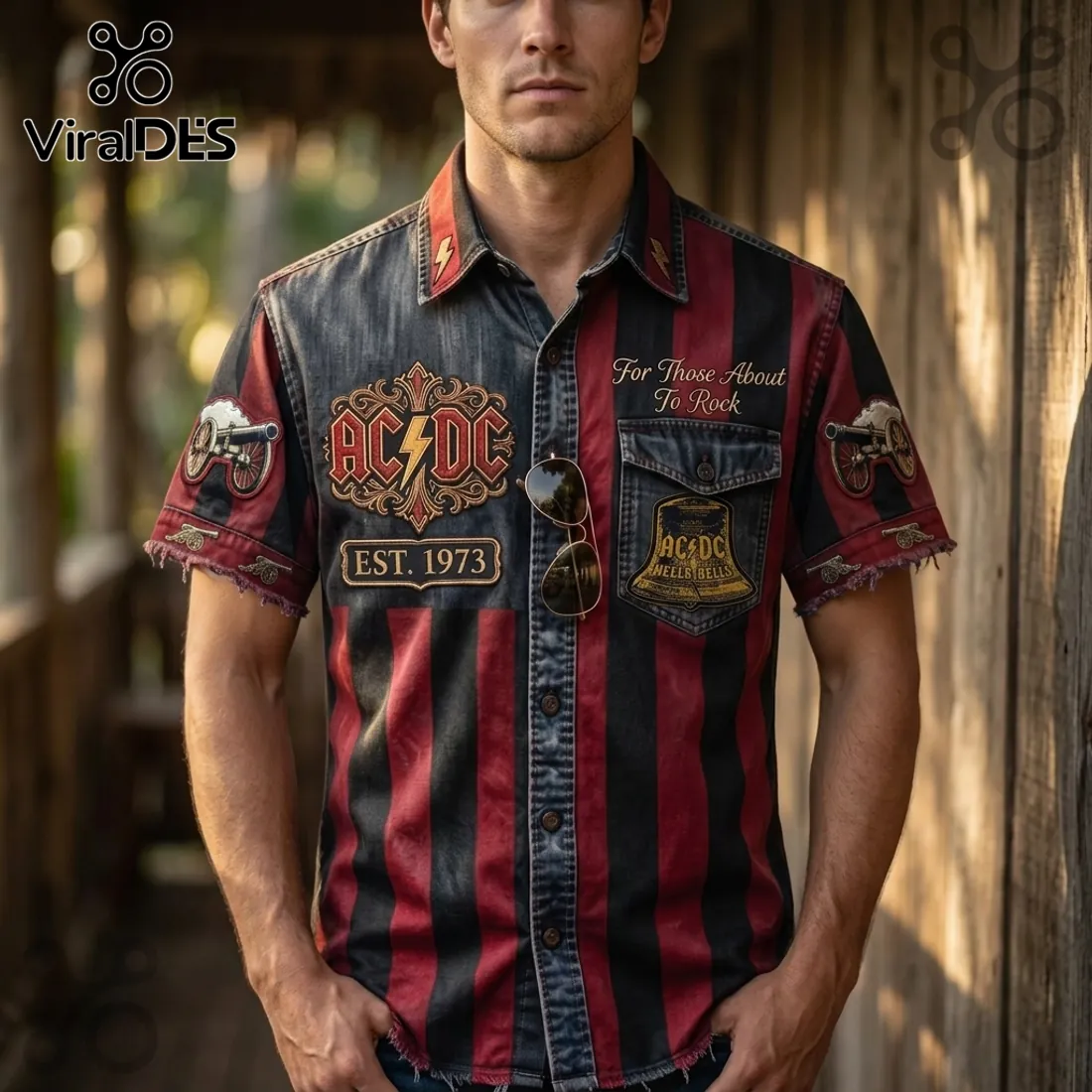 AC/DC Hells Bells For Those About To Rock Striped Hawaiian Shirt AC/DC Hells Bells For Those About To Rock Striped Hawaiian Shirt