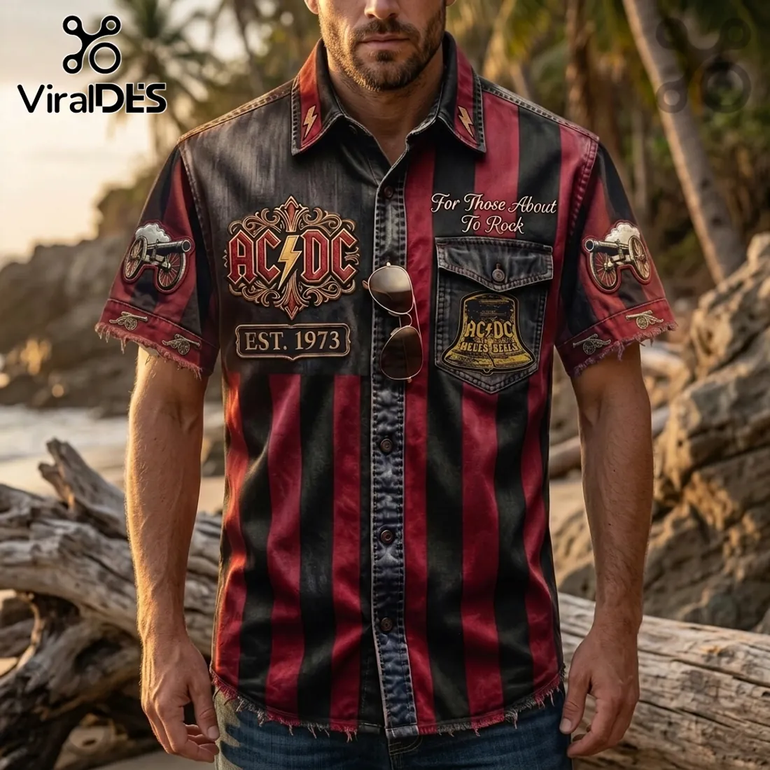 AC/DC Hells Bells For Those About To Rock Striped Hawaiian Shirt AC/DC Hells Bells For Those About To Rock Striped Hawaiian Shirt