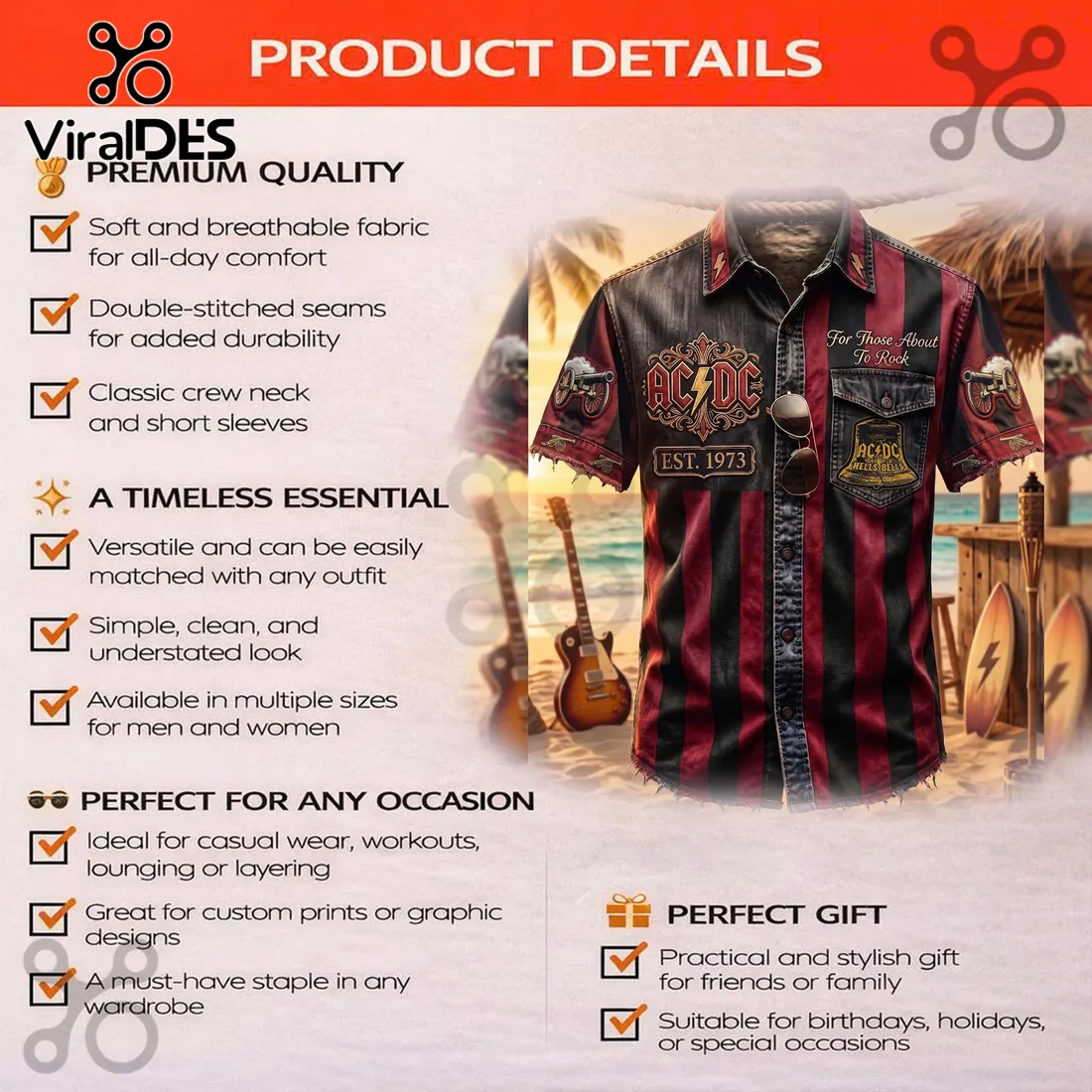 AC/DC Hells Bells For Those About To Rock Striped Hawaiian Shirt AC/DC Hells Bells For Those About To Rock Striped Hawaiian Shirt