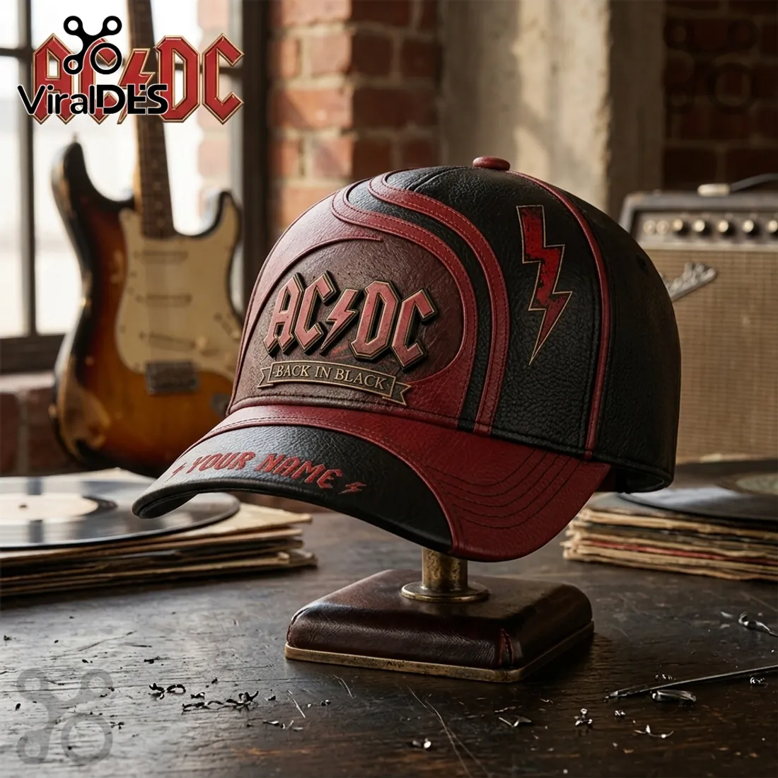 AC/DC Personalized Back In Black Faux Leather Baseball Cap AC/DC Personalized Back In Black Faux Leather Baseball Cap
