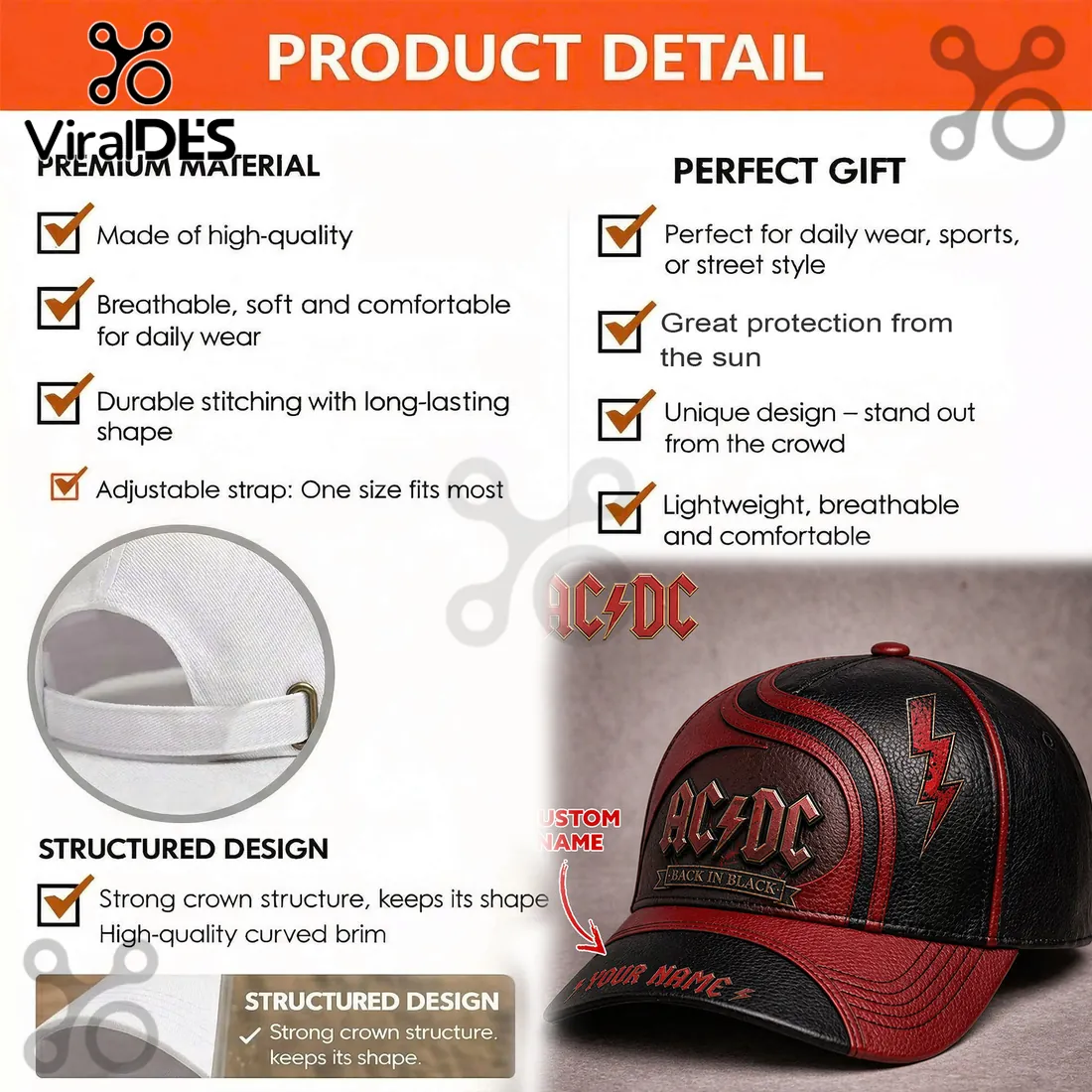 AC/DC Personalized Back In Black Faux Leather Baseball Cap AC/DC Personalized Back In Black Faux Leather Baseball Cap