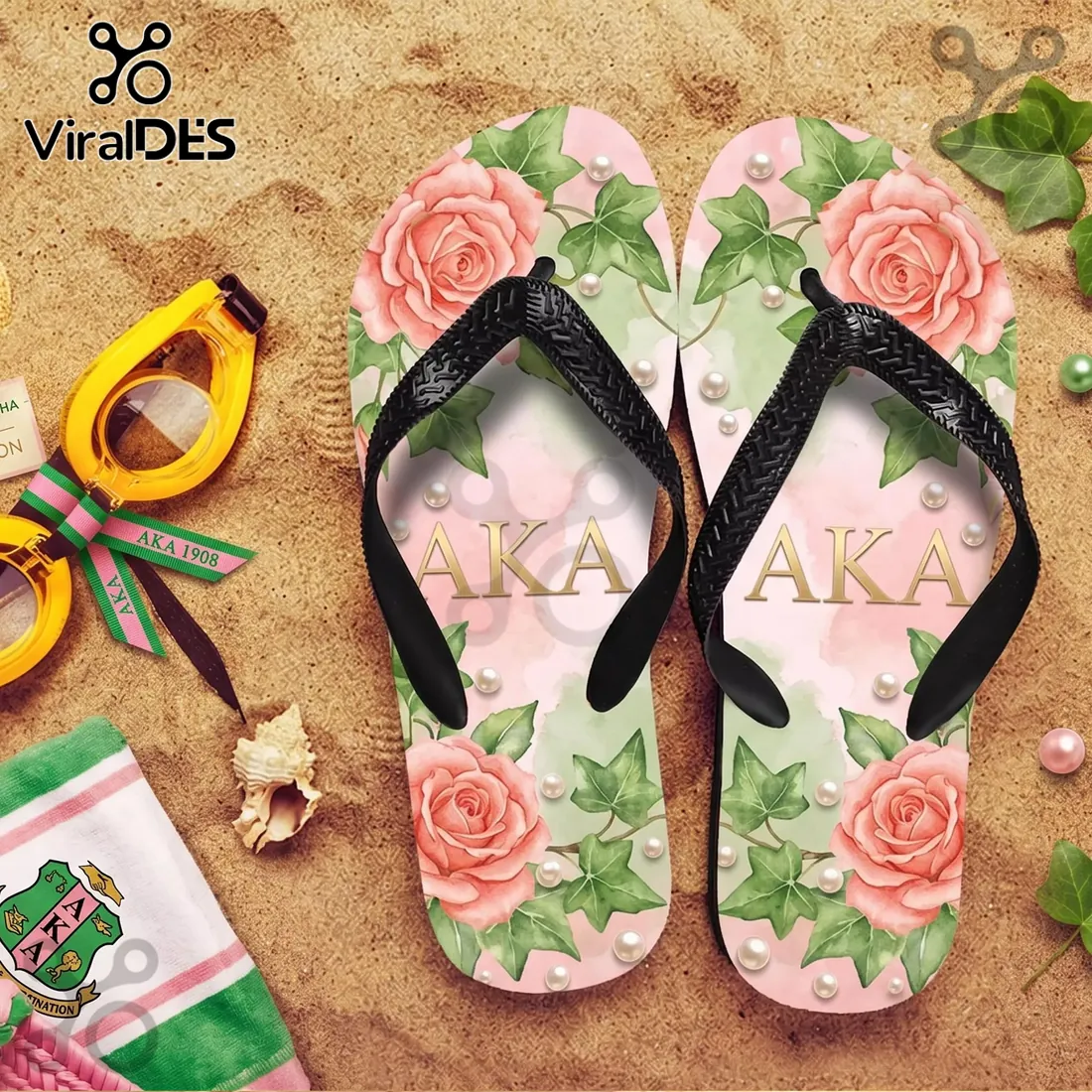 AKA Sorority Pink & Green Rose Ivy Pearl Summer Flip-flops AKA Sorority Pink & Green Rose Ivy Pearl Summer Flip-flops