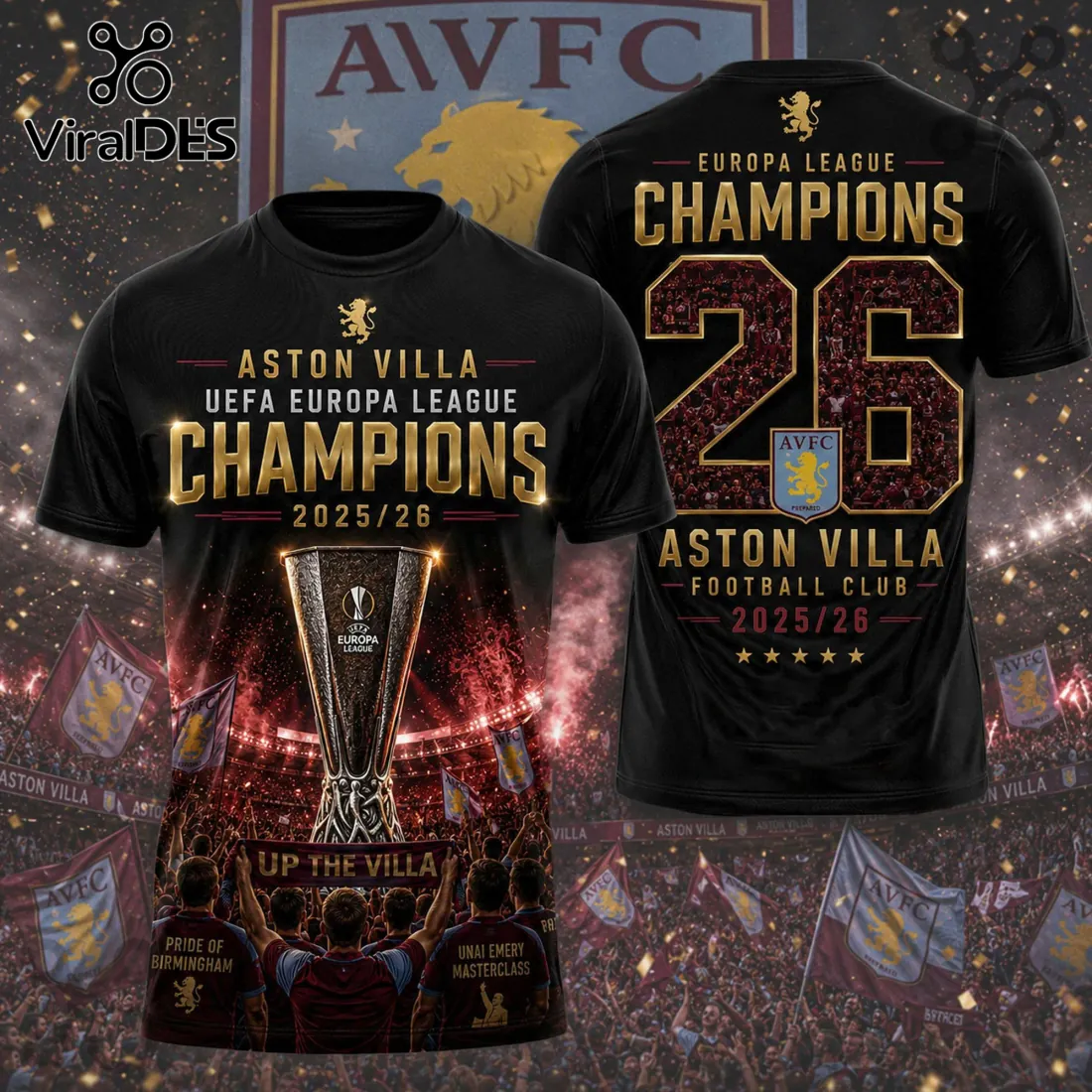 Aston Villa UEFA Europa League Champions 2025/26 T-Shirt Aston Villa UEFA Europa League Champions 2025/26 T-Shirt