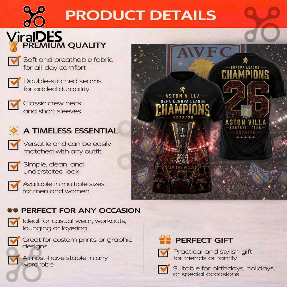 Aston Villa UEFA Europa League Champions 2025/26 T-Shirt Aston Villa UEFA Europa League Champions 2025/26 T-Shirt