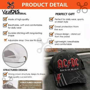 Black baseball cap with red embroidered AC DC logo and Back In Black text featuring a grey lightning bolt design!