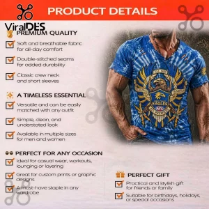 Blue tie-dye distressed v-neck t-shirt featuring a golden eagle shield graphic with 