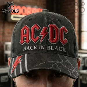 Black baseball cap with embroidered red ACDC logo and Back In Black text featuring a lightning bolt on the brim!
