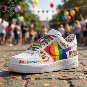White leather sneakers with rainbow laces, PRIDE text, and floral art at a parade with balloons.!