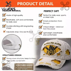 Distressed white baseball cap with yellow accents and black embroidery! Features