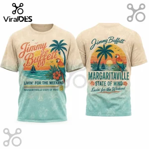 Vintage Jimmy Buffett tee with tropical sunset, palm tree, parrot, and Margaritaville text in teal and tan print!