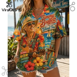 Colorful Jimmy Buffett Island Time tropical print button up shirt with parrot guitar and beach scenery illustration!