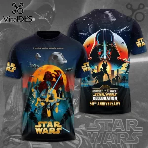 Star Wars 50th Anniversary t-shirt with Darth Vader and Luke Skywalker graphic in a sunset cinematic style!