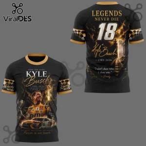 Black Kyle Busch memorial tee with gold checkered sleeves, 18 racing car graphic, and memorial text designs.!
