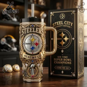 Gold ornate Steelers tumbler,