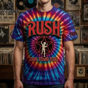 Tie-dye t-shirt featuring RUSH logo, starman graphic, 1968 text, and Time Stand Still text on red blue purple fabric!