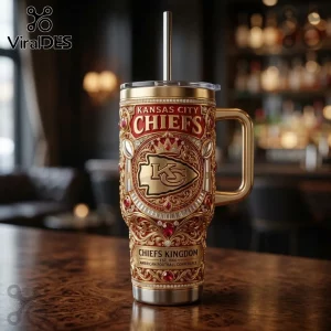 Gold and red ornate Chiefs tumbler with KC logo, 'KANSAS CITY CHIEFS', 'CHIEFS KINGDOM', ruby & diamond accents!