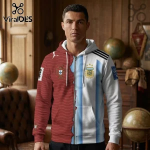 Split design hoodie featuring red Portugal football jersey style and white blue Argentina jersey style with national crests!